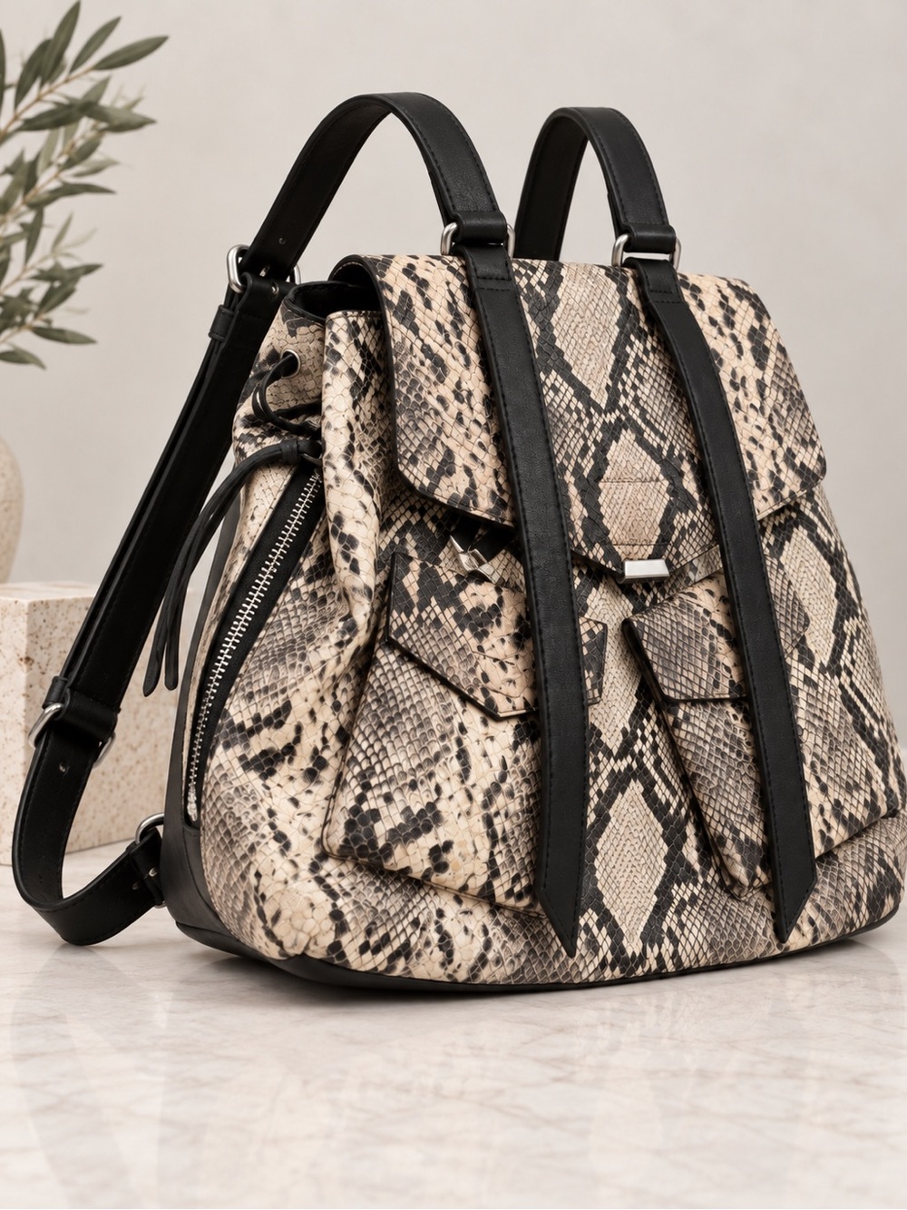 AllSaints Snake Print Leather Backpack Black Beige + Dust Bag
